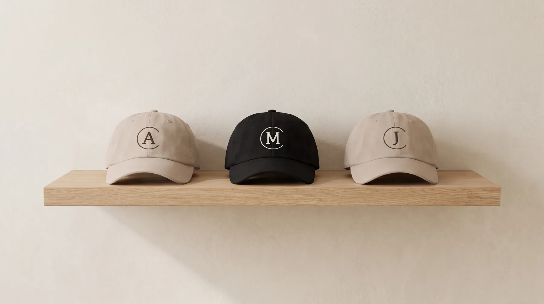 Three caps on a shelf, each with a different embroidered initial